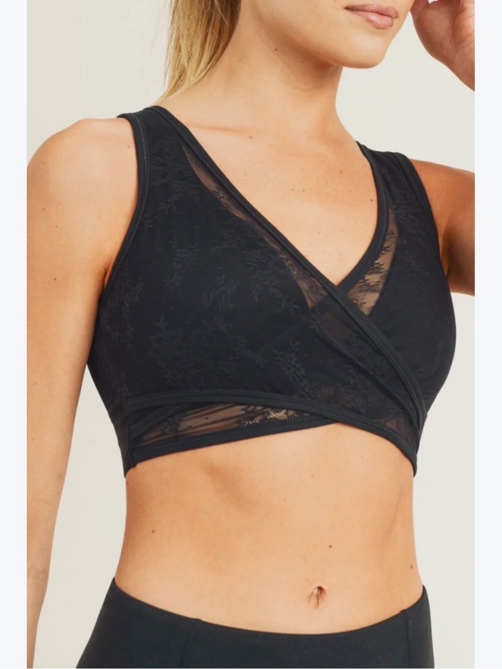 Mono B Black Floral and Lace Crossover Bra